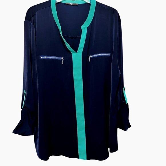 Gaharu Women's Navy/Green Retro Colorblock Faux Zip Pockets Roll Tab Blouse XXL - Picture 1 of 5